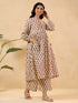 Janasya Women's Cream Pure Cotton Floral Printed A-line Maternity Kurta Pant Set